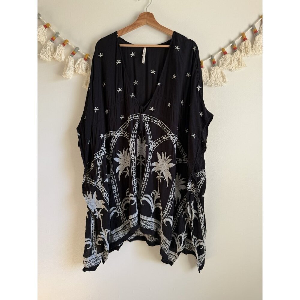 Soma Black Embroidered Floral Kaftan Cover Up Boho Feminine Beachy Tropical L/XL